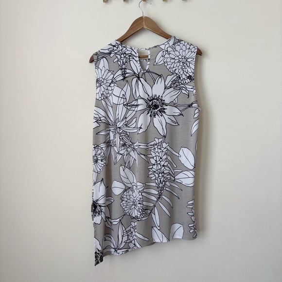 Clara Sunwoo Sleeveless Floral Tunic Top Large Tan White Black - Picture 5 of 8